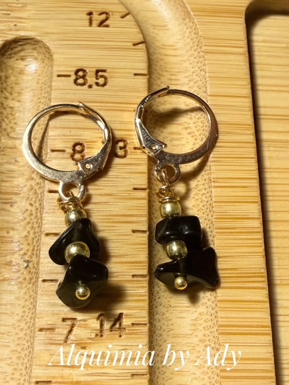 90’s minimal + Black ONYX and Gold Bead Drop Hoop Earrings